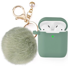 Filoto Compatible with Airpod 2&1 Case Cover, Cute Silicone Protective Accessories Cases/Keychain/Pompom, Best Gift for Girls and Women, Cactus Green