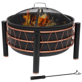 Sunnydaze 24.5-Inch Black Steel Wood-Burning Fire Pit with Copper-Colored Trapezoid Pattern - Includes Protective PVC Cover