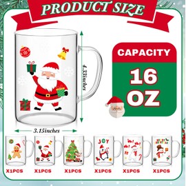 Baderke 6 Pcs Christmas Glass Mugs Set 16 Oz Winter Xmas Coffee Mugs Bulk with Handle Snowman Snowflake Coffee Cups Santa Claus Cups Christmas Gift for Women Men Holiday Kitchen Xmas Party Decor
