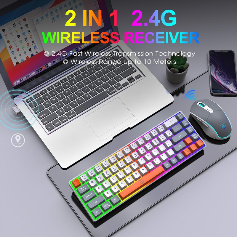 Snpurdiri 60% Wireless Gaming Keyboard and Mouse Combo,Rainbow Backlit Rechargeable