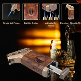 Cigar Torch Lighter with V Cutter, Powerful Jet Flame Refillable Butane Lighters with Fuel Window and Adjustanle Flame Cool Lighter Gift for Men (Without Gas)