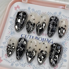Black Full Stone Gra Handmade Nail Tip Pedi Tip - Square S / 블랙 풀스톤그라 수제네일팁페디팁 - 스퀘어S
