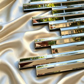 Modern 3 Pack 28x8 Staggered 3D Silver Mirror Wall Set Mirror Decor
