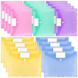 TAOPE 20 Pack Punched Pockets A4 Plastic Wallets, 11 Holes Binder Pocket with Velcro Closure and Label Pocket, Waterproof & Archivable A4 Envelope File Folders for School Home Office (Multicolor - 5)