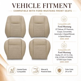 NLQR Tan Driver & Passenger Side Bottom & Top Lean Back Replacement Perforated Seat Covers Compatible with Ford Mustang GT V8 2005 2006 2007 2008 2009
