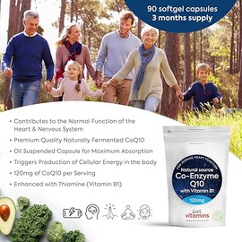 CoQ10 Supplement 120mg + Vitamin B1 | 90 Softegel Capsules | Heart Health & Powerful Antioxidant | Naturally Fermented CoEnzyme Q10 | UK Made - Just Vitamins