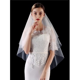 JWICOS Velo de novia de 2 niveles, velo de tul blanco con peine y borde cortado (blanco)