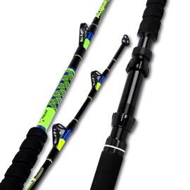 Fiblink Saltwater Fishing Rod 2 Piece Fishing Trolling Rod Deep Sea Big Game Blue/Neon Green Fishing Pole with Roller Guides (6'6",80-120lbs)