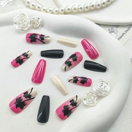 Summer Press on Nails Coffin Medium with Palm Gradient Designs Full Cover Nails Press ons Glossy Glue on Nails Pink False Nails Black Acrylic Nails White Stick on Nails for Women 24Pcs