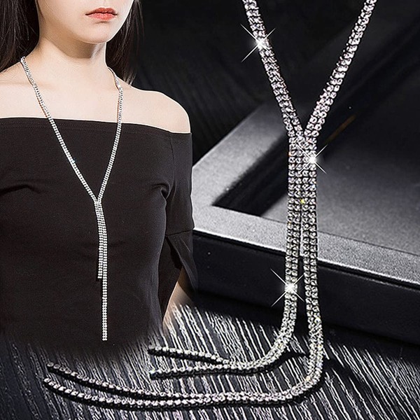 Sither Silver Crystal Necklace for Women Long Sweater Chain Statement Necklace for Wedding Jewelry for Dressy Winter Evening Party