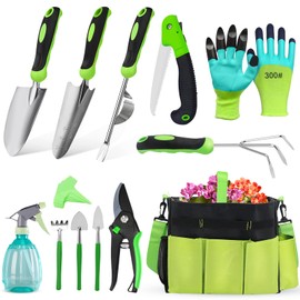 Gardening Tool Set, Stainless Steel Heavy Duty Gardening Tool Set, with Non-Slip Rubber Grip, Storage Tote Bag, Gloves, Outdoor Hand Tools, Ideal Gardening Gifts for Men & Women,Green