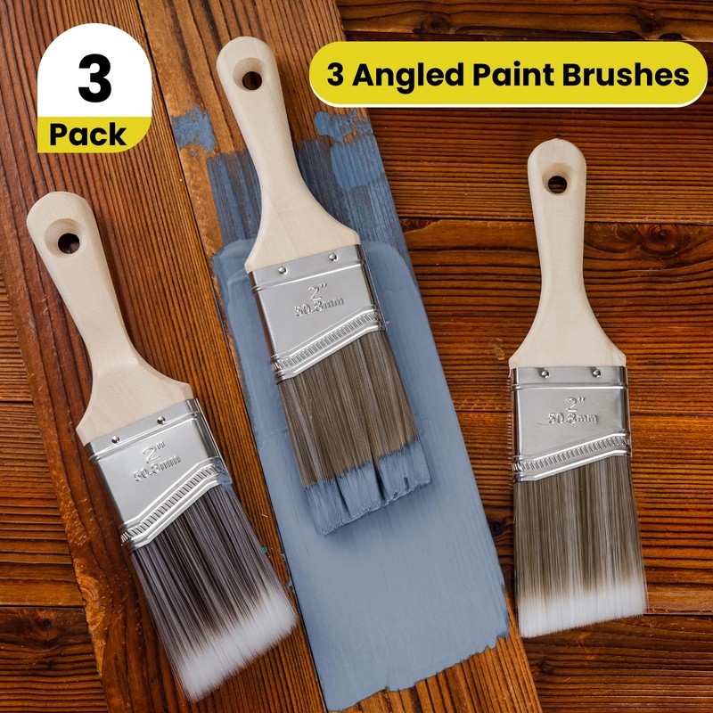 Mister Rui 3-Pack 2 Inch Angled Paint Brushes, Short Handle
