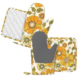 MIFSOIAVV Retro 70s Style Flower Oven Mitts and Pot Holders Sets Silicone Kitchen Mitts Potholders Heat Resistant 4Pcs Oven Gloves Hot Pads for Kitchen Baking Cooking BBQ Grilling
