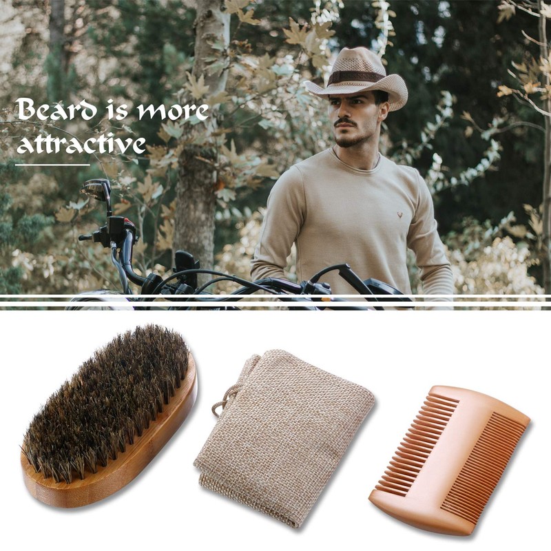 JewelryWe Men's Beard Care Set, Beard Brush with Boar Bristles