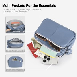 befen Ladies Shoulder Bag Real Leather Handbag Small Camera Crossover Bag for Women Triple Cross Body Phone Bag for Daily Use-Grey Blue