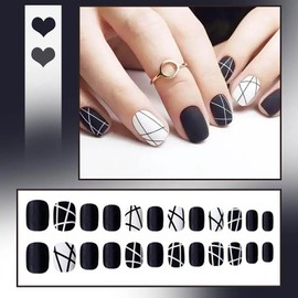 24Pcs Black White Stripes Short Square Press On Nails Fake Nails with Nail Glue Fit Perfectly Acrylic Reusable Stick on Nails in 12 Sizes