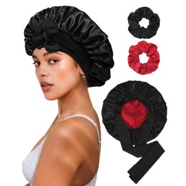 Pack of 2 Silk Sleep Cap, Bonnet Sleep Cap, Satin Bonnet Sleeping Cap for Women and Girls (Hole Blue + Black)