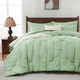 Queen Comforter Set, 7-Piece Bed in a Bag, Pintuck Bedding Sets for All Season, Includes Comforter, Flat Sheet, Fitted Sheet, Pillowcases and Pillowshams, Olive Green