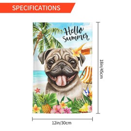 Summer Floral Cute Pug Dog Beach Holiday Garden Flag 12x18 Inch Welcome Party Decoration Yard Flag For Holiday Season Outdoor