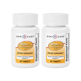 GeriCare GeriCare Iron 65mg Plus Vitamin C 125mg Tablets C High-Absorption Iron for Anemia Support, Red Blood Cell Production, Fatigue Reduction, and Immune Health C 60 Count (2 Pack)