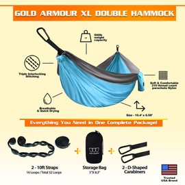 Gold Armour Camping Hammock - XL Double Hammock Portable Hammock Camping Accessories Gear for Outdoor Indoor with Tree Straps, USA Based Brand (Sky Blue and Gray)