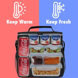 OPUX Insulated Lunch Bag for Men Women, Leakproof Black Lunch Box for Work, Portable Soft Lunch Cooler Bag with Shoulder Strap, Adult Lunchbox Lunch Pail for Kid Boy Girl School, 18 Can/10L