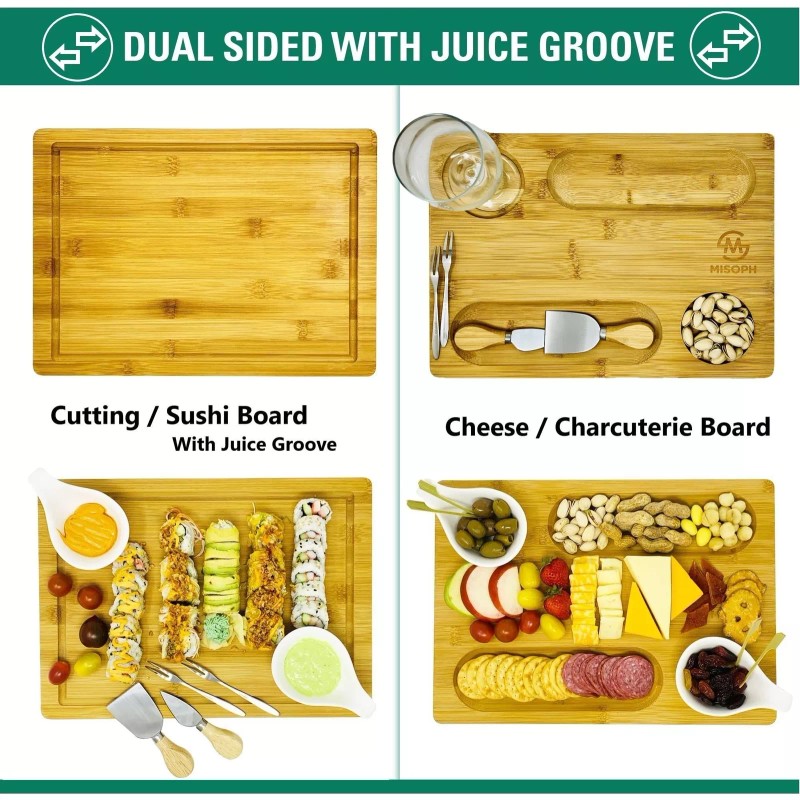 PandPal Bamboo Cheese Board with Knife, Bowl, Fork Set, Wood