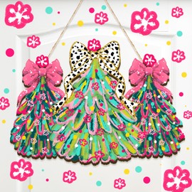 Thyle Christmas Door Sign Pink Christmas Tree Welcome Wreath Sign Decorations with Bows Wall Decor Wooden Front Door Hanger Xmas Decorations Indoor for Farmhouse Home Outdoor Porch Window Decor