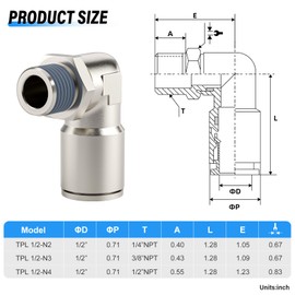 TAILONZ PNEUMATIC Elbow 1/2 Inch Tube OD x 3/8 Inch NPT Thread Push to Connect Fittings Copper Nickel Plating TPL-1/2-N3 (Pack of 2)