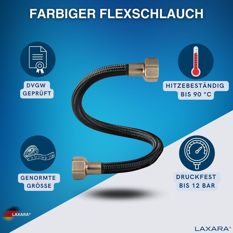 LAXARA DVGW Premium Coloured Flex Hose Black and White 3/8