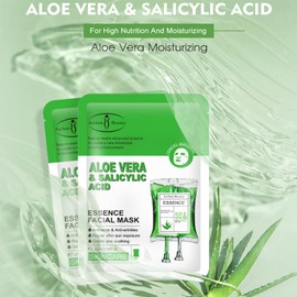 AICHUN BEAUTY Essence Facial Mask Tencel Material Anti-acne Anti-wrinkles Repair After Sun Moisturizing Deep Cleaning Contractive Pore 25ml/0.88fl.oz X 10pcs (ALOE VERA & SALICYLIC ACID(10pcs))