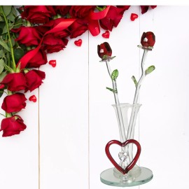 Banberry Designs Forever Rose Collection-Red Heart in Front of The Vase - Crystal Red Roses #6033