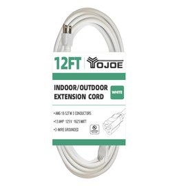 YOJOE 12 Foot White Outdoor Extension Cord - 16/3 SJTW Waterproof Extension Cable with 3 Prong Grounded Plug - 16 Gauge Extension Cord for Garden, Lawn, Yard Decorations Outdoor - UL Listed