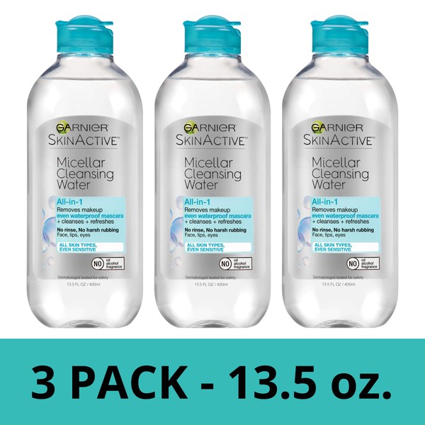 Garnier SkinActive Micellar Cleansing Water, All-in-1 Waterproof Makeup Remover and Facial Cleanser, 13.5 Fl Oz, 3 Pack