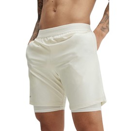 Fabletics Men's The Fundamental Short (Lined), Workout, Running, Training, Gym, Yoga, Ultra Lightweight, Athletic, 5" Inseam, XL, Bone