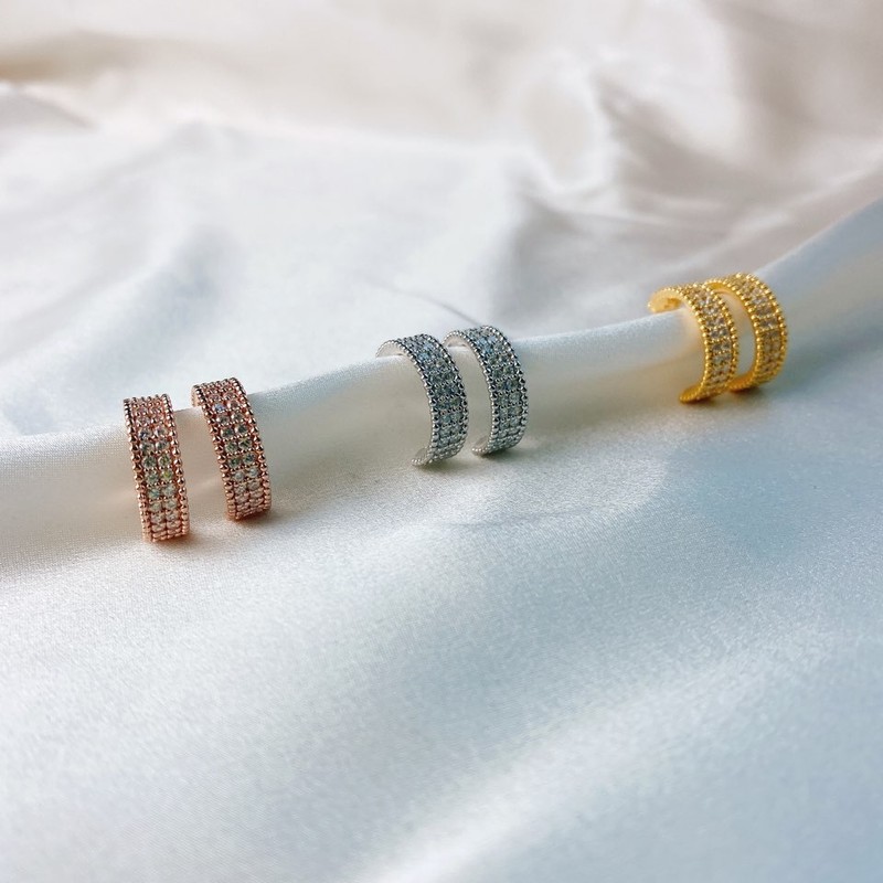 925 silver 18k gold two-line cubic ring earrings pink gold