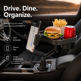 Adjustable Car Cup Holder Tray for Road Trips – 360° Rotating Table with Phone Slot & Drink Expander