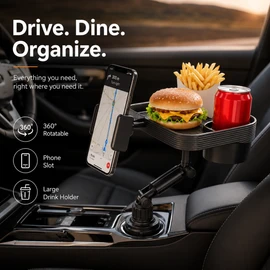 Adjustable Car Cup Holder Tray for Road Trips – 360° Rotating Table with Phone Slot & Drink Expander