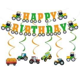 Zorpex Tractor Birthday Decorations, Cute Farm Themed Happy Birthday Banner, Boy Girl Funny Party Supplies with Banner and Hanging Swirl