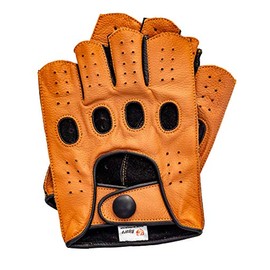 Riparo Women Genuine Leather Reverse Stitched Half-Finger Fingerless Driving Motorcycle Gloves (7, Cognac/Black)