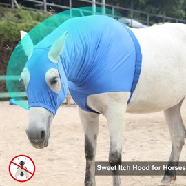 Horse Stretchy Head Hood with Zipper Full Face Neck Cover Blue Large