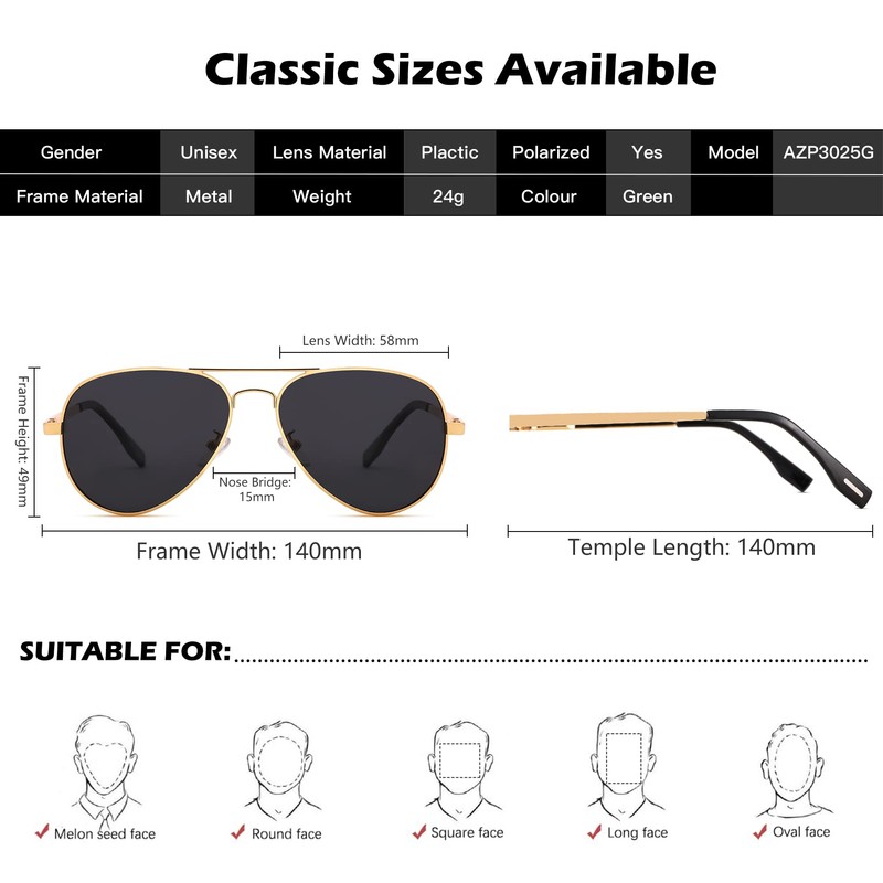 AZorb Polarized Aviator Sunglasses for Men Women Metal Frame Retro