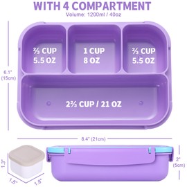 shell and turtle Bento Box for Kids Girls Boys, Bento Box Adult Lunch Box with 4 Compartments, Lunch Containers with Utensils, Sauce Jar, Muffin Liners for School, 40 Oz/5 Cup, Purple