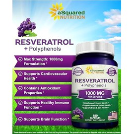 aSquared Nutrition Natural Resveratrol with Red Wine Extract - 180 Capsules - Trans Resveratrol Antioxidant Supplement Pills for Pure Heart Health - E