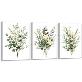Zessonic Sage Green Botanical Wall Art, Watercolor Framed Canvas Prints Modern Green Plant White Floral Decor for Bedroom Living Room Bathroom Nursery, Set of 3, 12x16 Inch - Ready to Hang