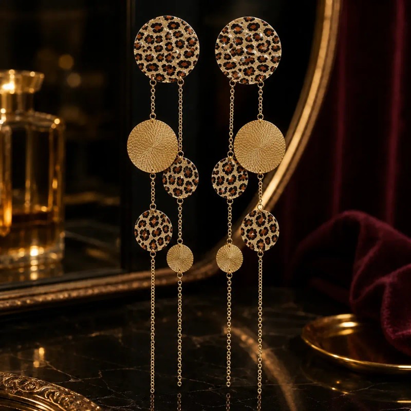 QinmiGarden - Aretes Extra Largos Mujer Leopardo Con Cadenas Y