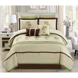 Grand Linen - 8 Piece Sage Green/Beige/Brown Tropical Palm Tree Embroidered Comforter Set California (Cal) King Size Bedding 106X94