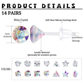LOLIAS 14Pairs Clear Plastic Earrings Stud Earrings for Women Rhinestone Acrylic Stud Earrings Clear Piercing Retainer for Sport Work,Color