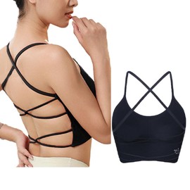 SSKHE Sports Bra Women's Padded Crossback Fitness Bra Removable Chest Pad Yoga Tops Knitted Seamless Sportswear, black