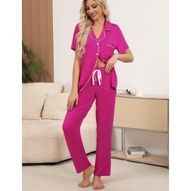 Anjue Two-piece Sleepwear Womens Short Sleeve Notch Collar Pjs Soft Pj Lounge Sets with Pockets Fuchsia